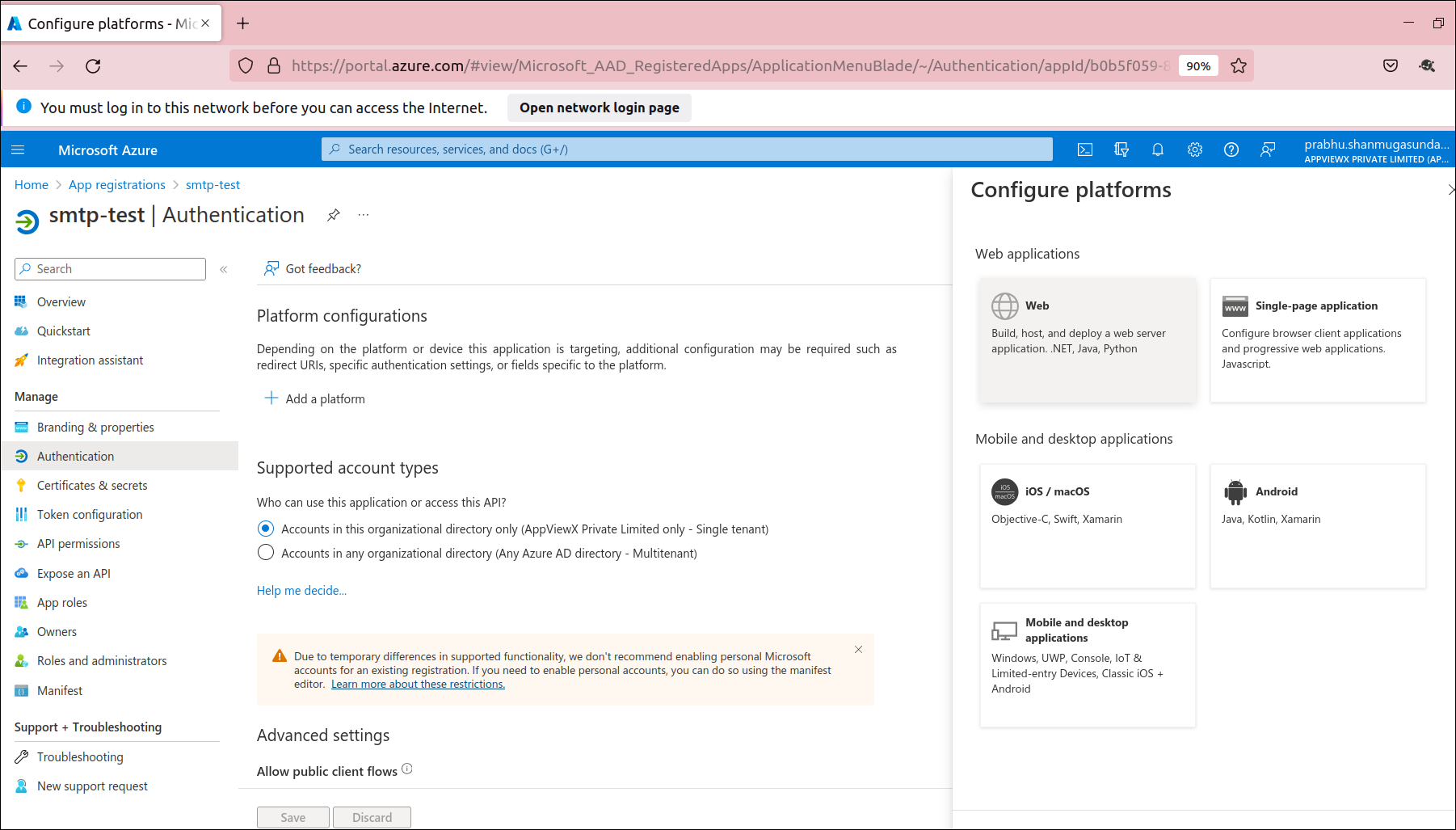Authentication for Microsoft SMTP Settings