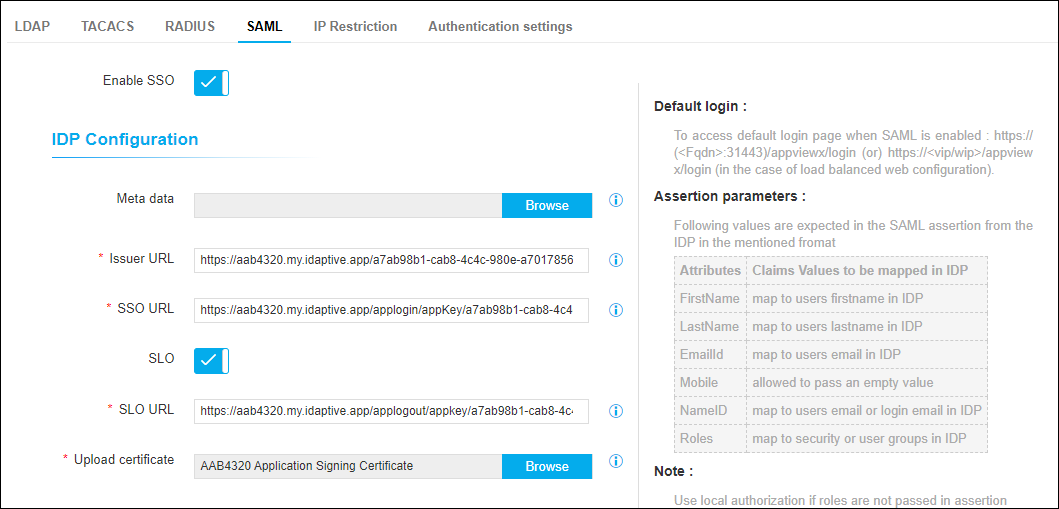 Configuration of SAML Parameters in AppViewX (Service Provider)