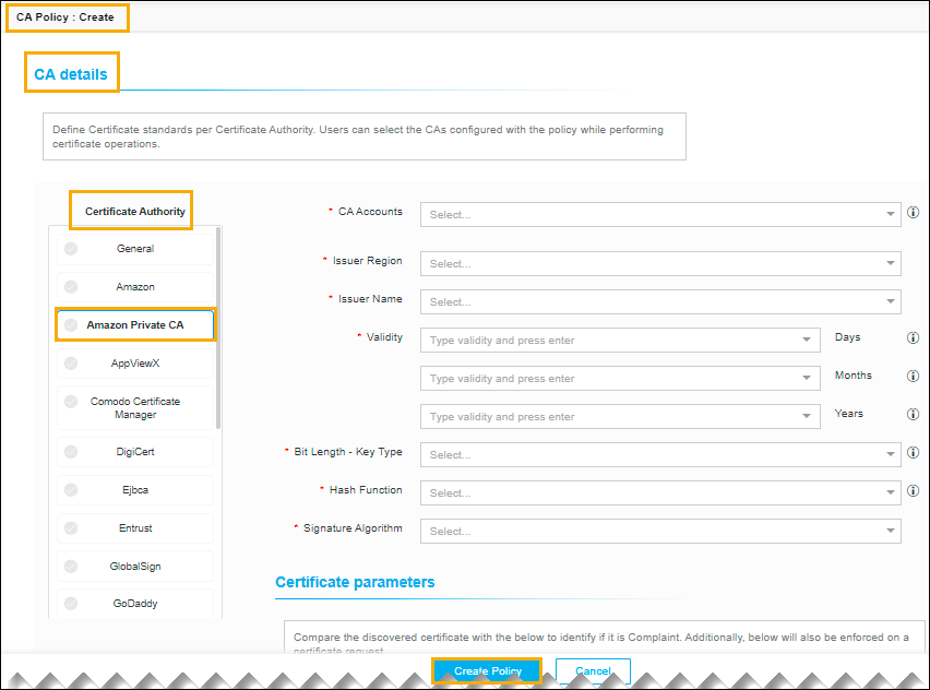 Configuring Policy for Amazon Private CA